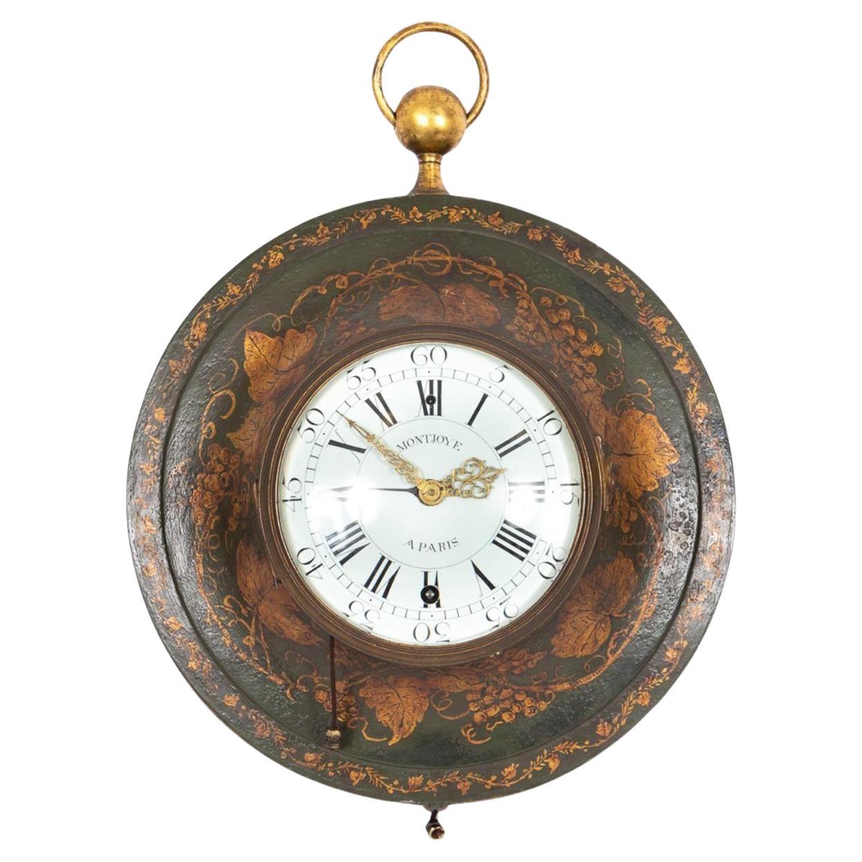 French Green Ground Tole Wall Clock, Louis Montjoye A Paris, 18th Century For Sale