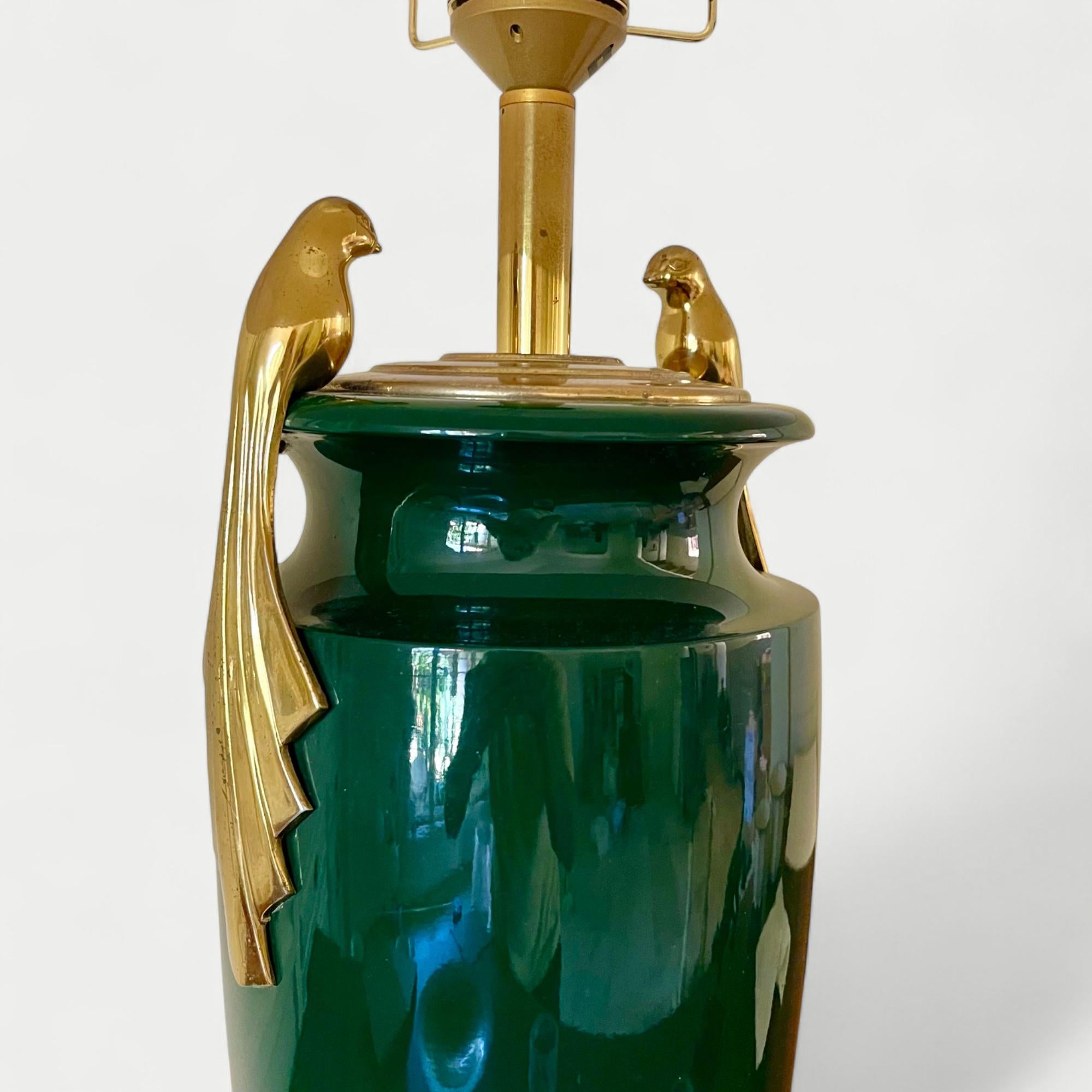 A French very large Green lacquered table Lamp with gilt parrots on either side from the 1940s

Actual lamp height without shade is 24 inches heigh