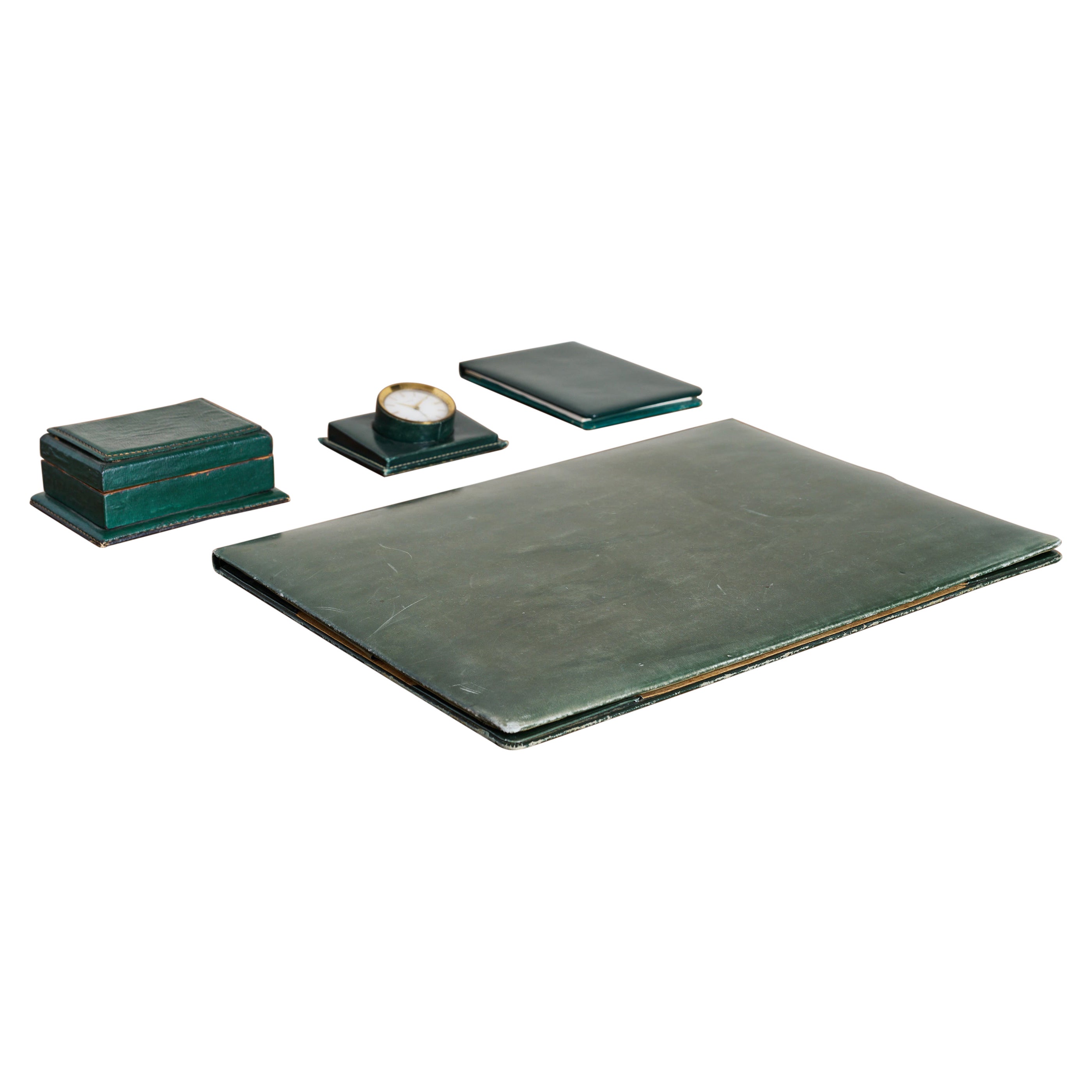 French Green Leather Desk Set by Le Tanneur For Sale