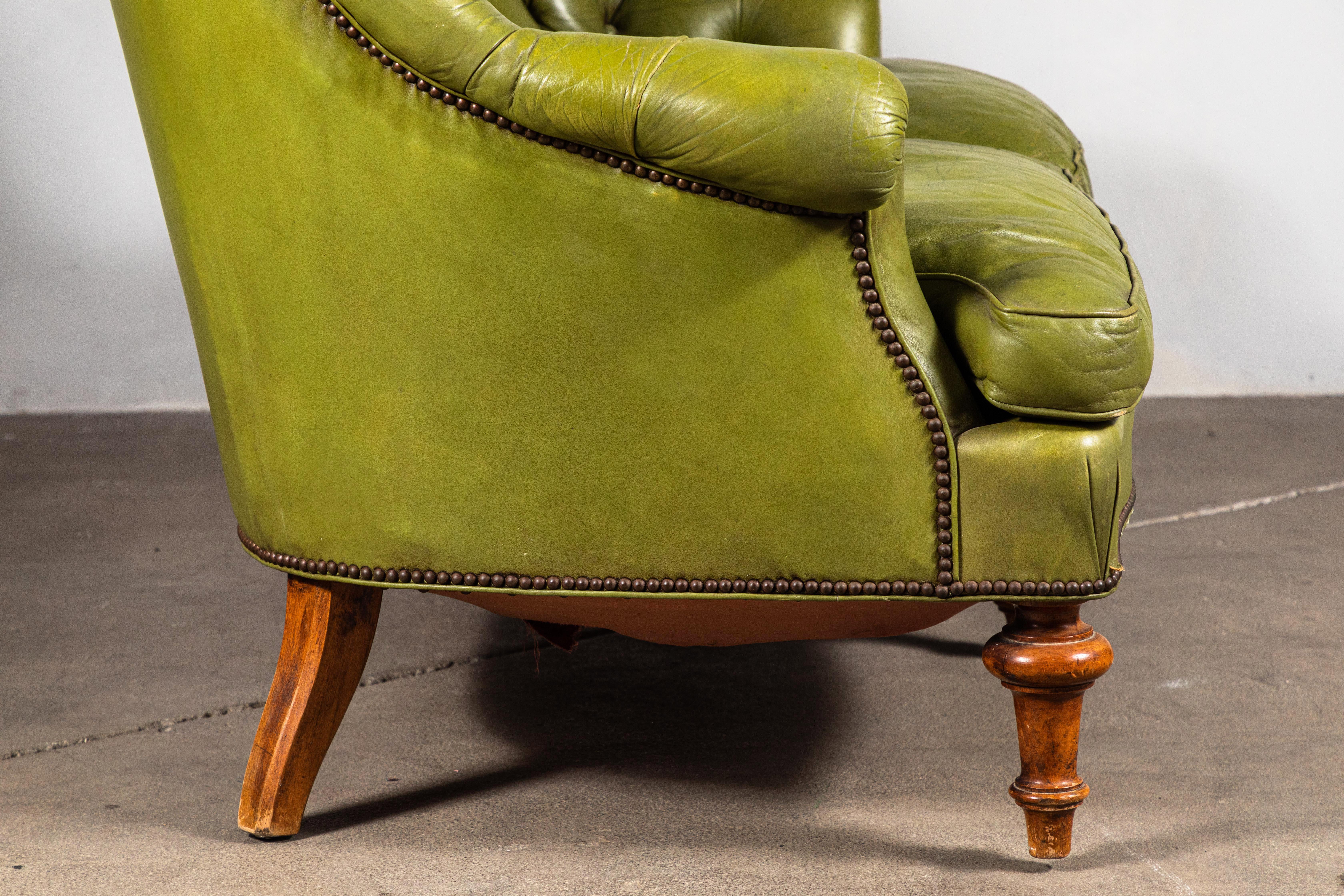 French Green Leather Tufted Settee 6