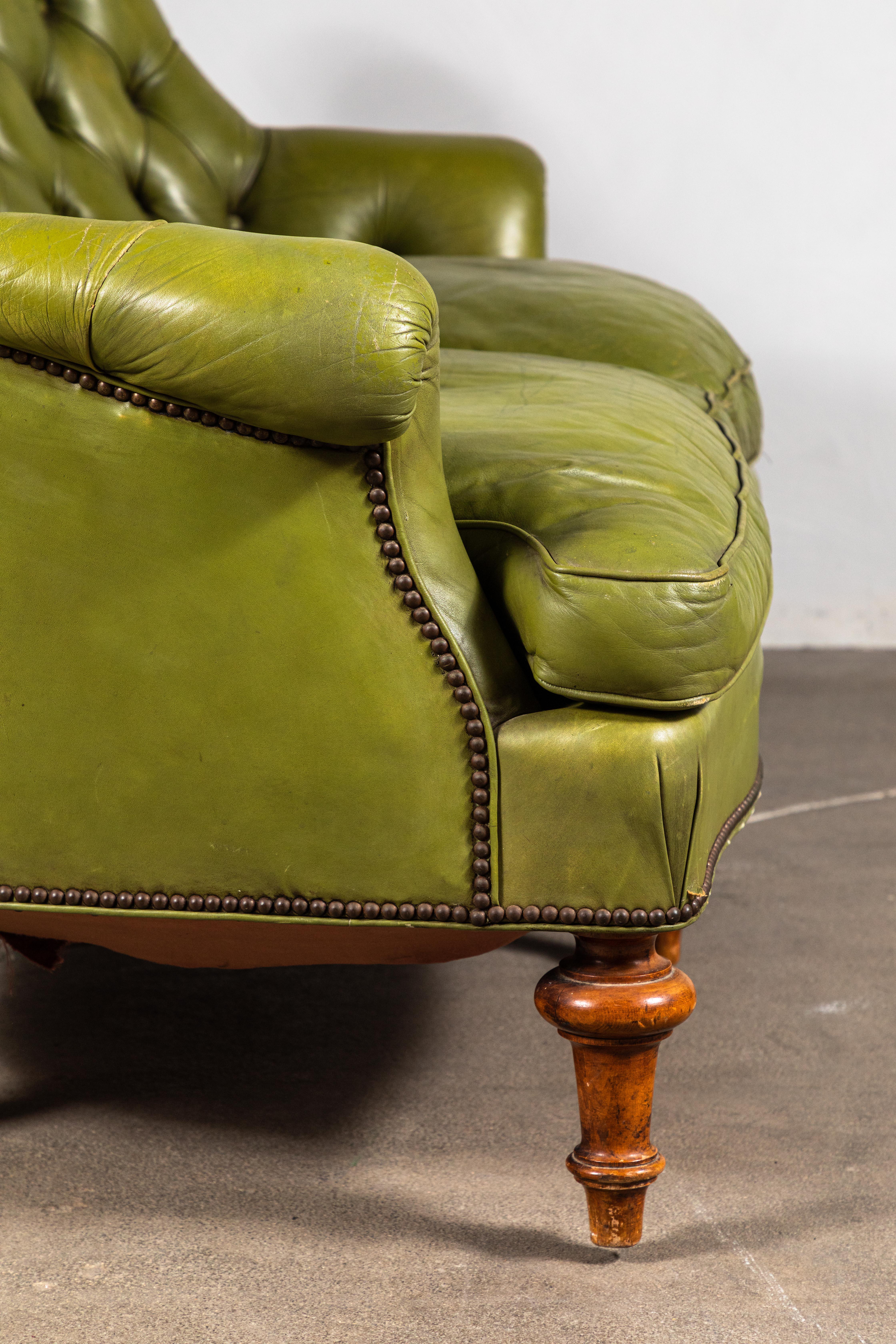 French Green Leather Tufted Settee 7