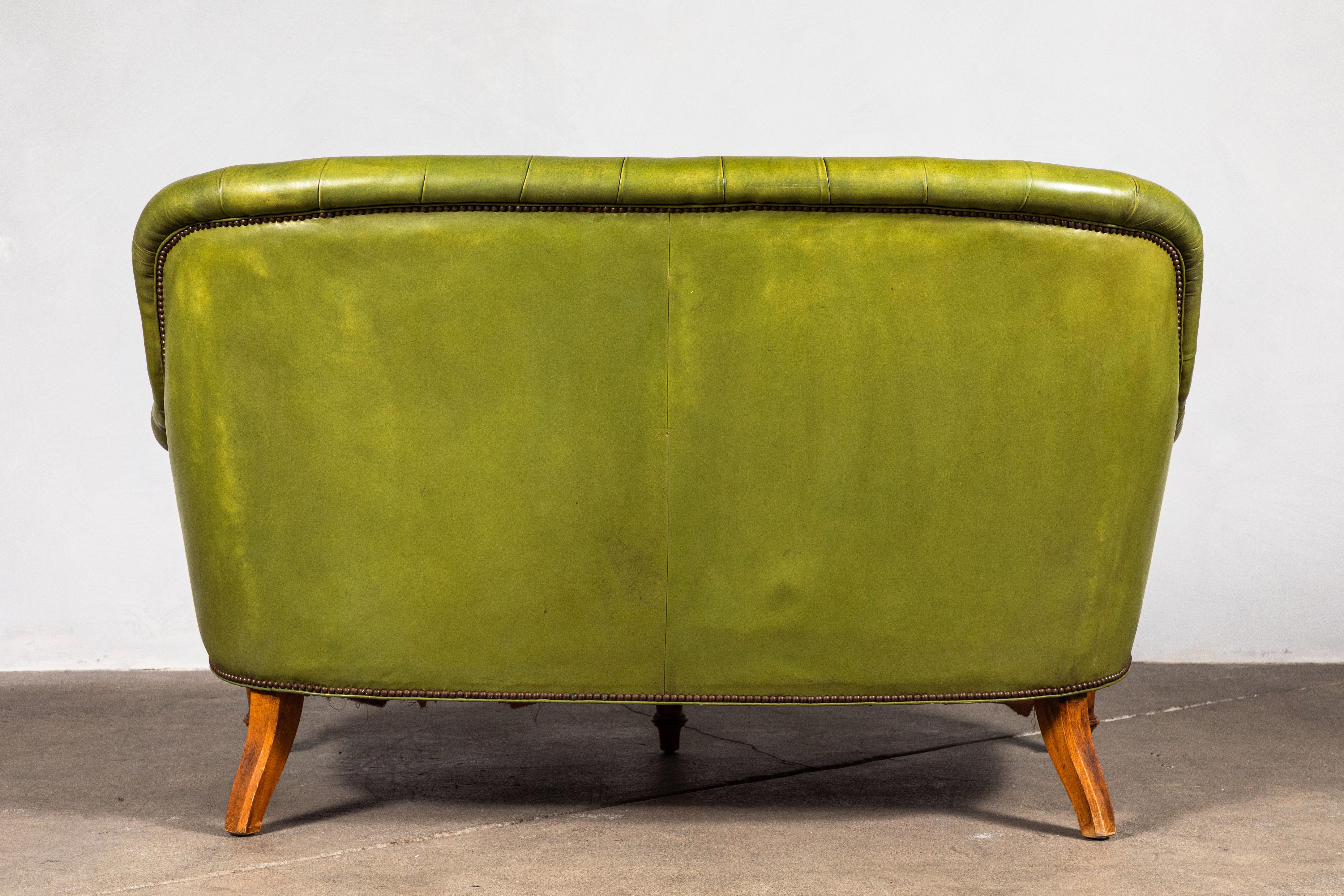 French Green Leather Tufted Settee 8