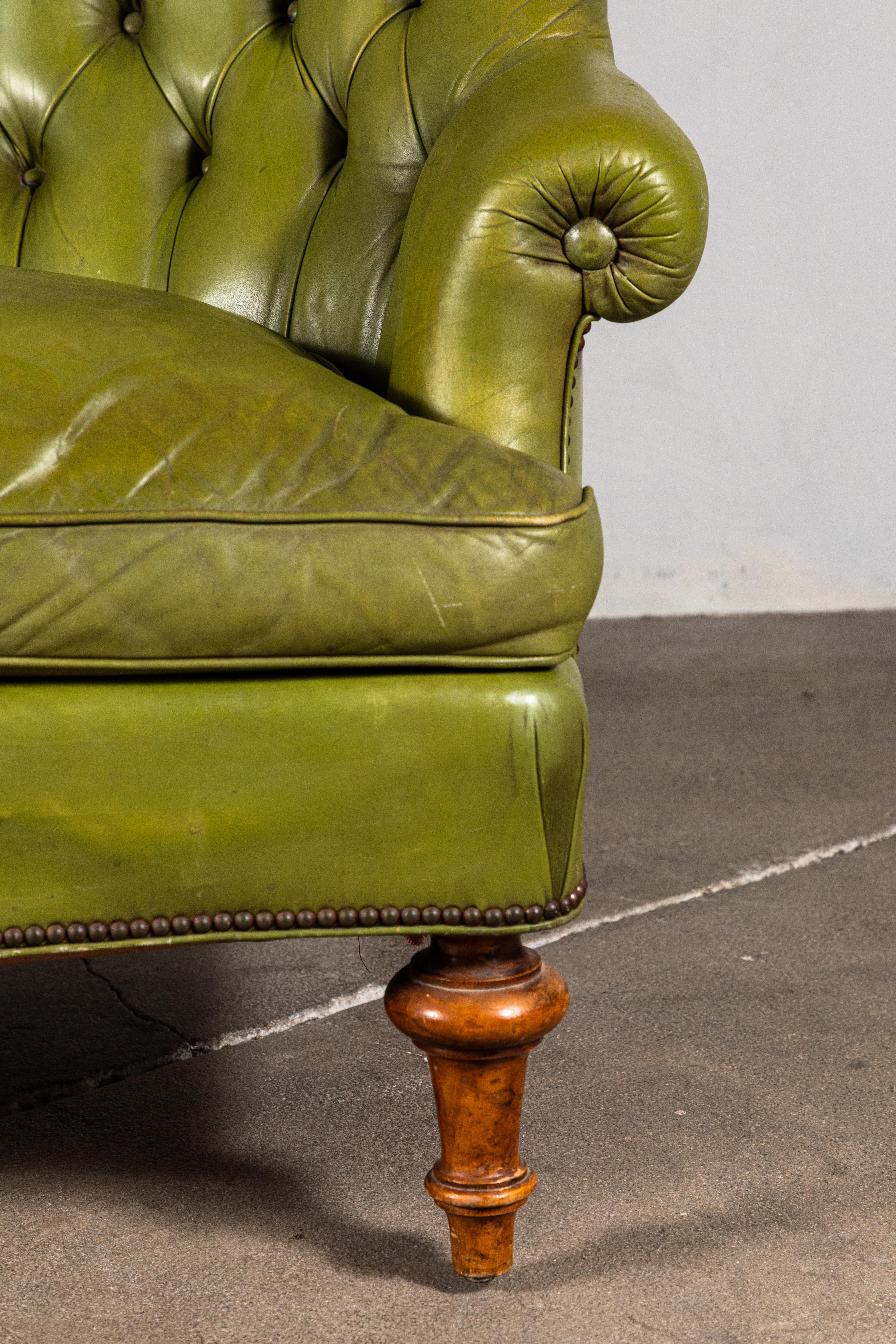 Mid-20th Century French Green Leather Tufted Settee