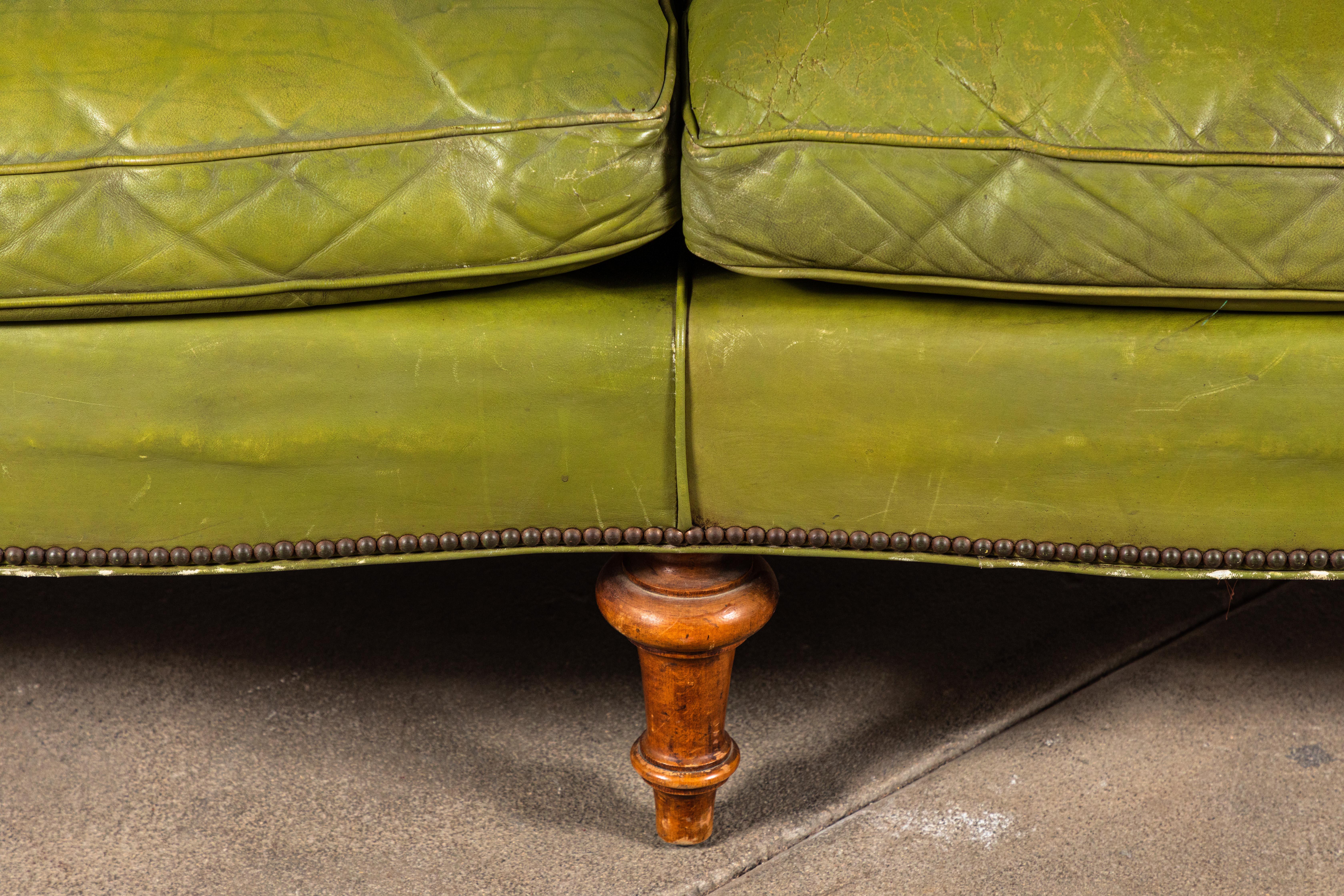 French Green Leather Tufted Settee 2