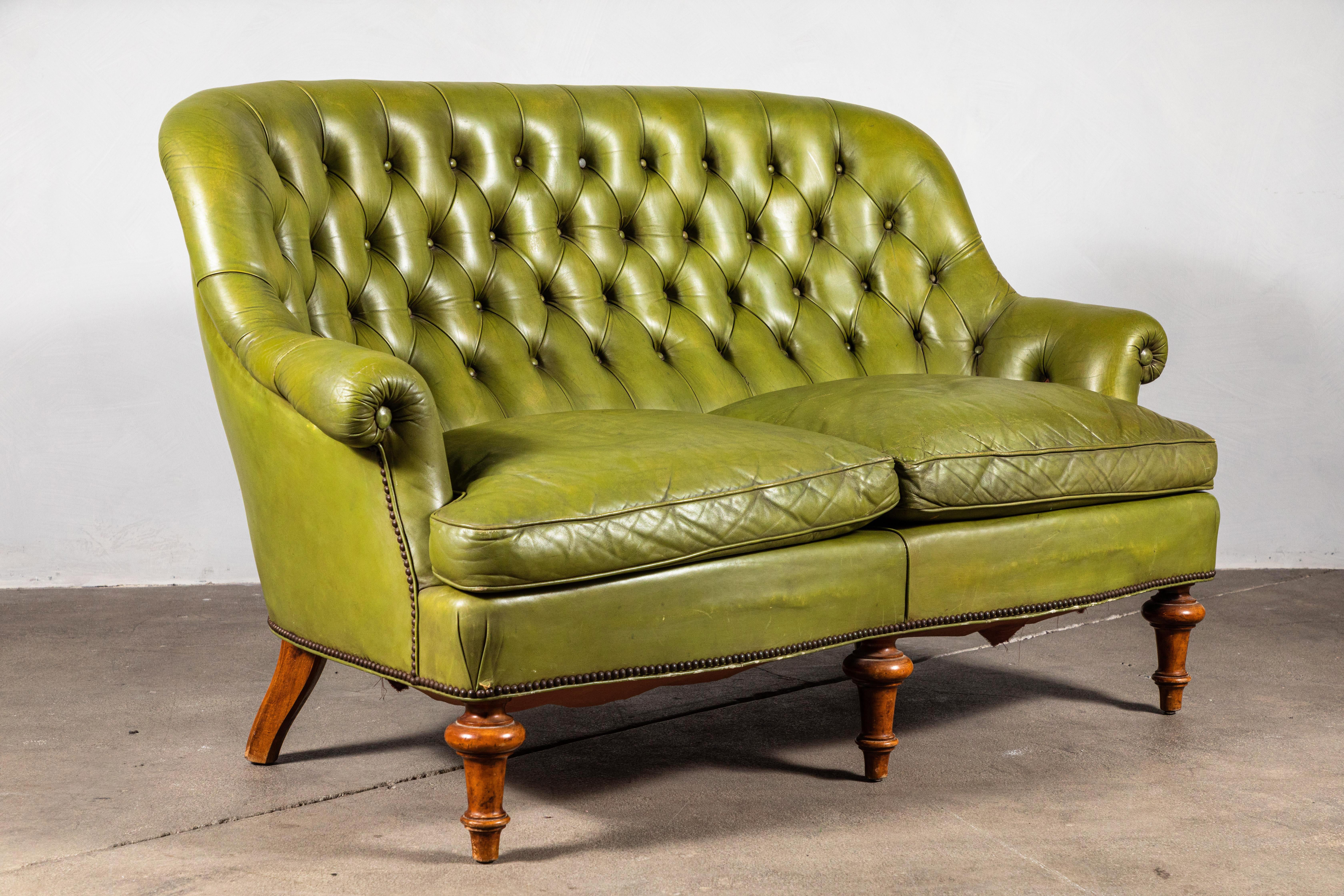 French Green Leather Tufted Settee 3