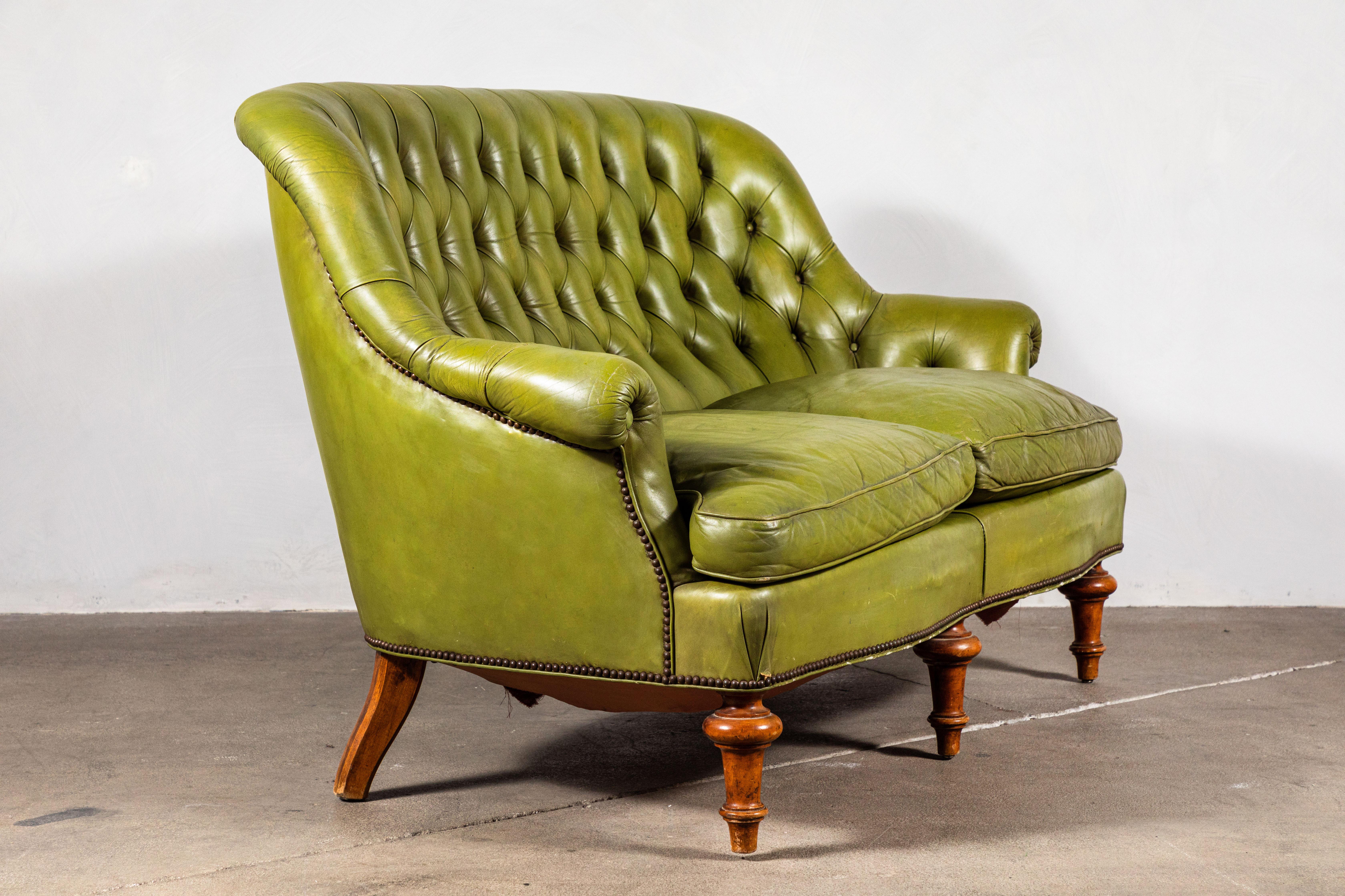 French Green Leather Tufted Settee 4