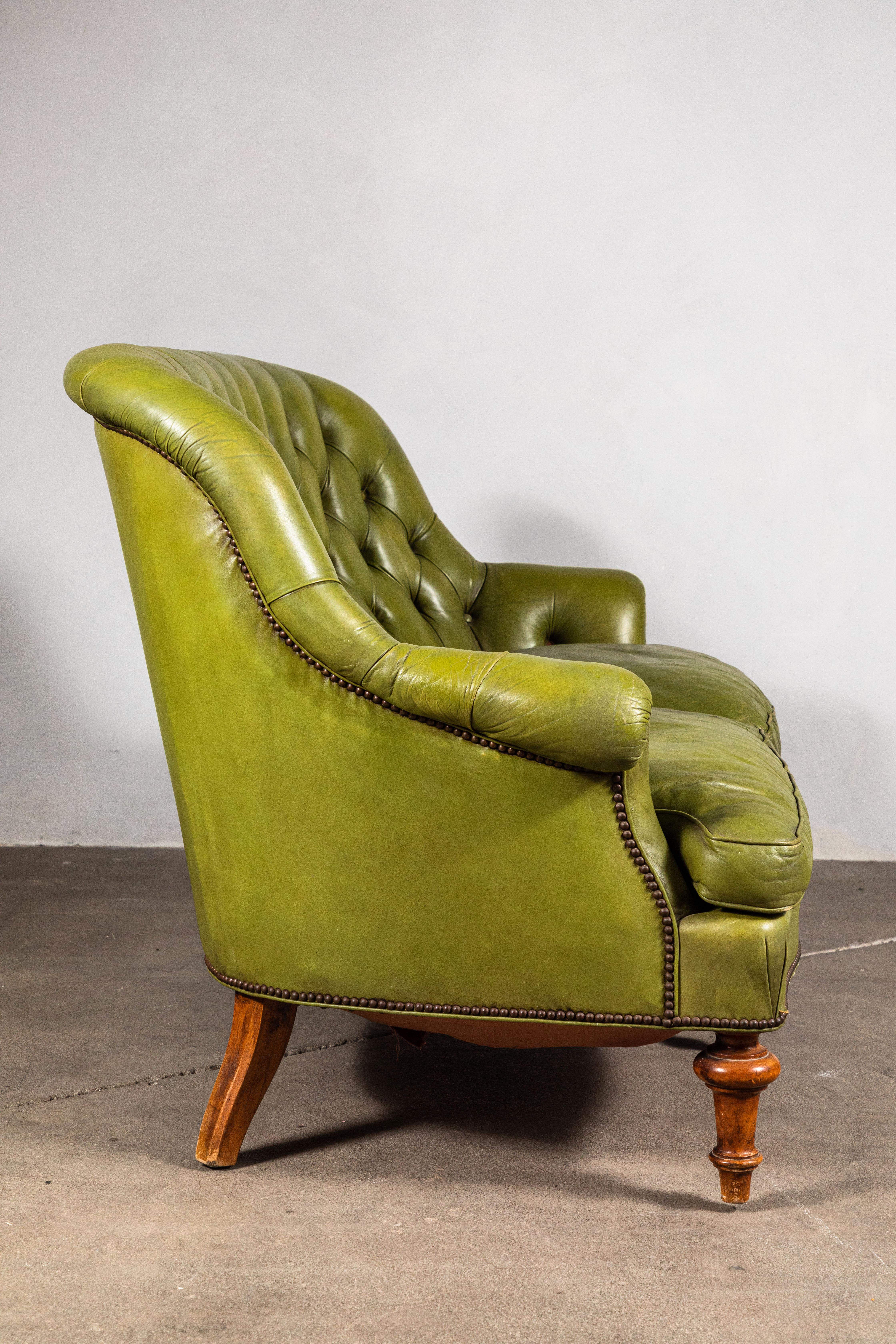 French Green Leather Tufted Settee 5
