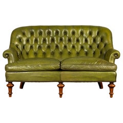 French Green Leather Tufted Settee