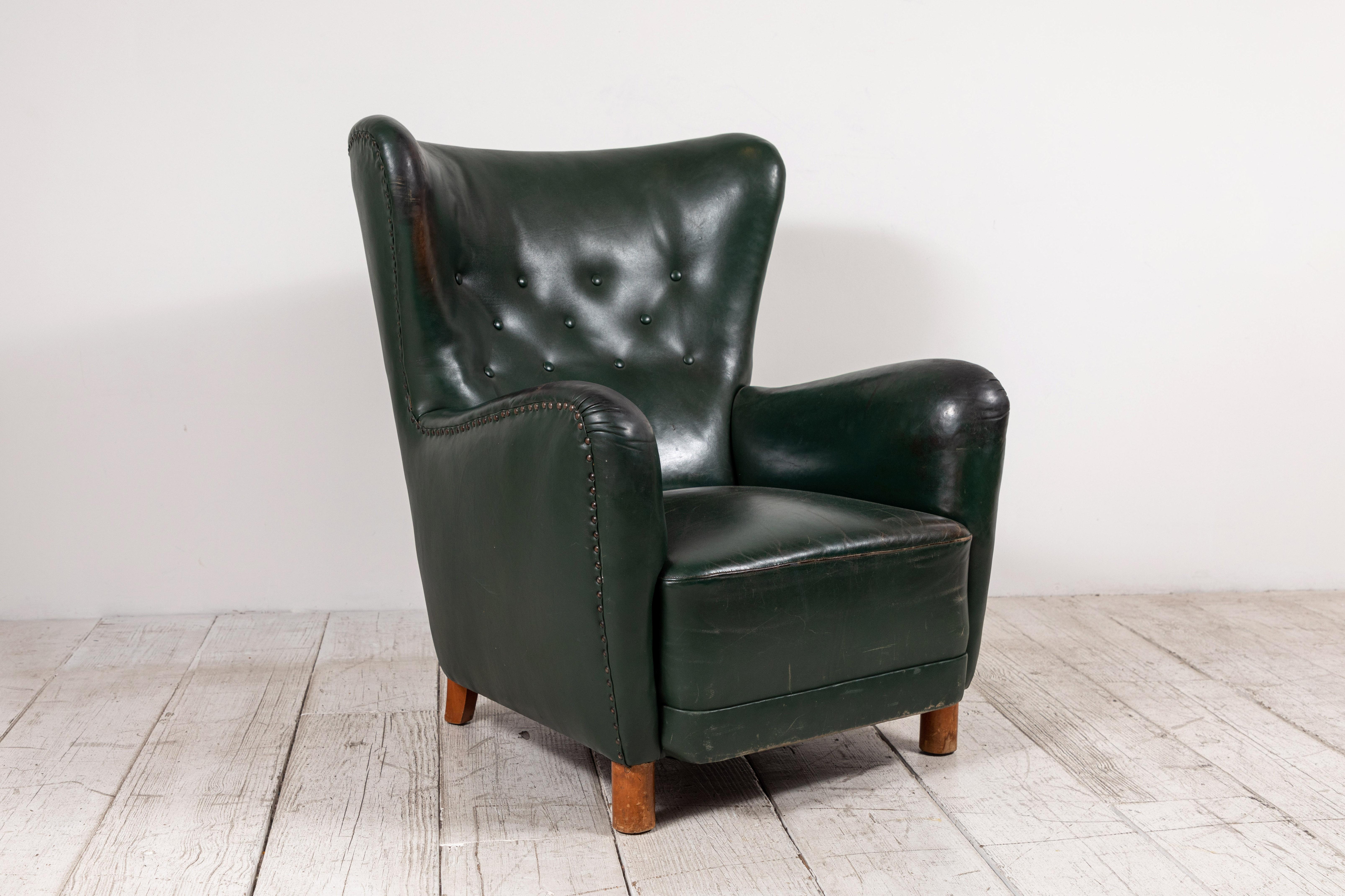 French Green Leather Wingback Chair In Good Condition In Los Angeles, CA