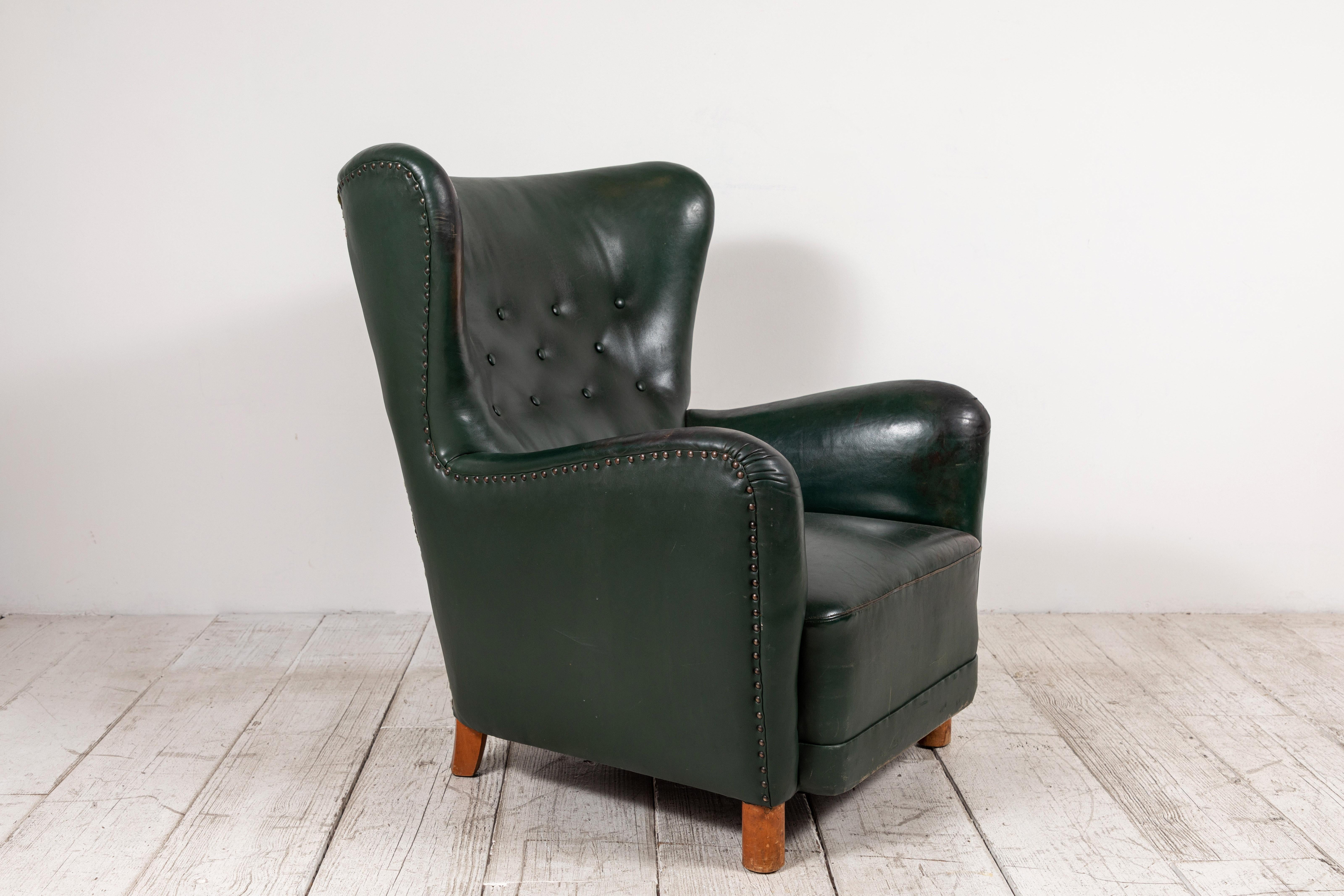 20th Century French Green Leather Wingback Chair