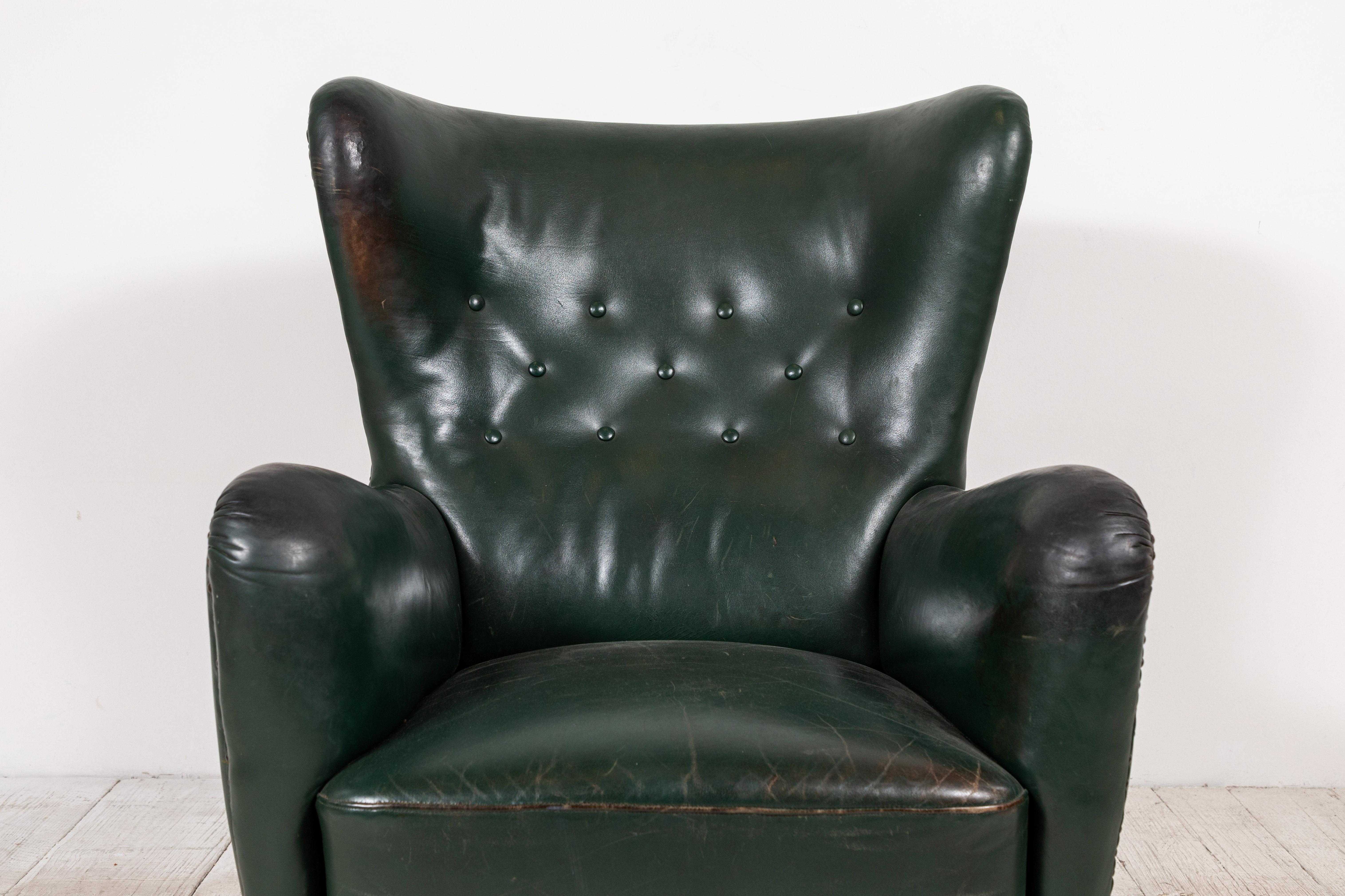 French Green Leather Wingback Chair 3