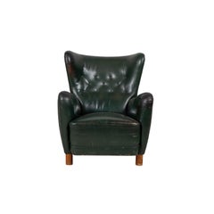Antique French Green Leather Wingback Chair