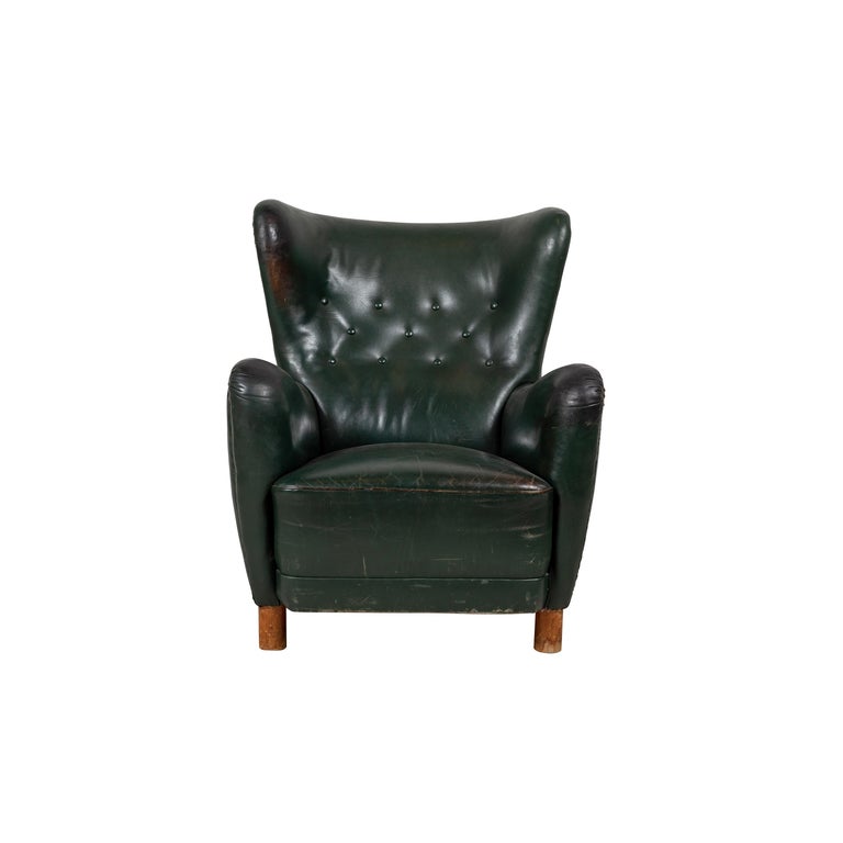 French Green Leather Wingback Chair at 1stDibs