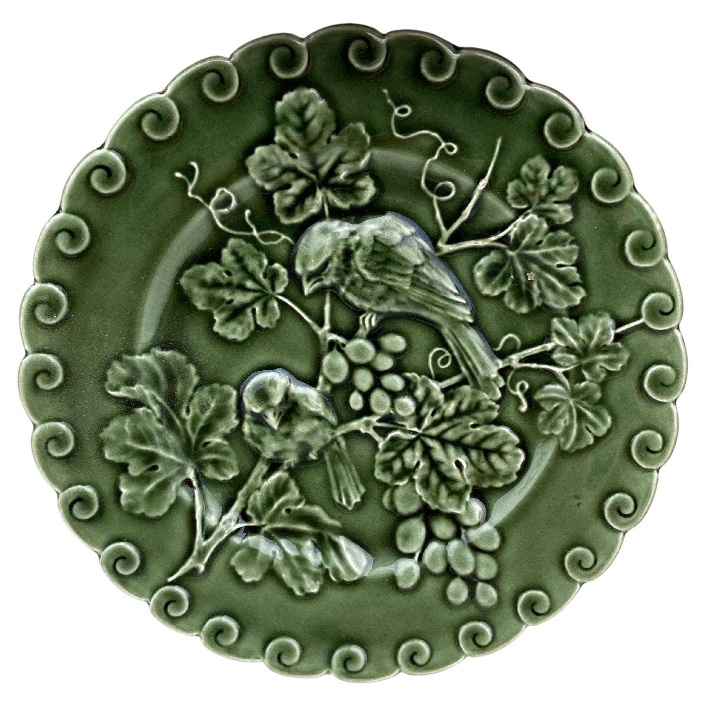 French Green Majolica Birds 
Grapes Plate Sarreguemines, circa 1900