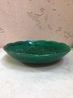 French Green Majolica Bowl with Leaves Gien, Circa 1940