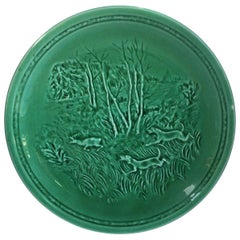 French Green Majolica Deer and Dogs Plate Sarreguemines, circa 1920