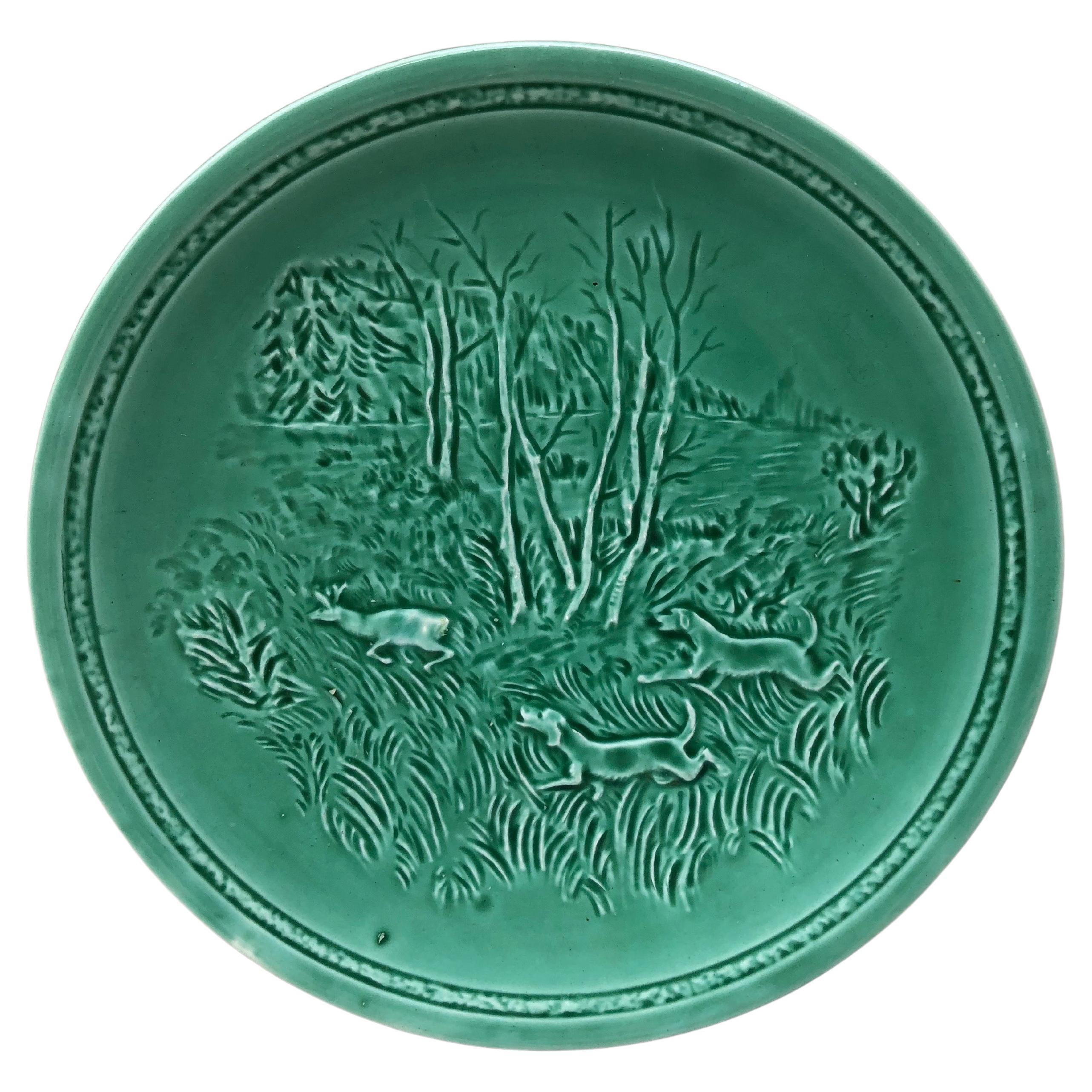 French Green Majolica Deer and Dogs Plate Sarreguemines, circa 1920 For Sale