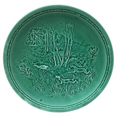 French Green Majolica Deer and Dogs Plate Sarreguemines, circa 1920