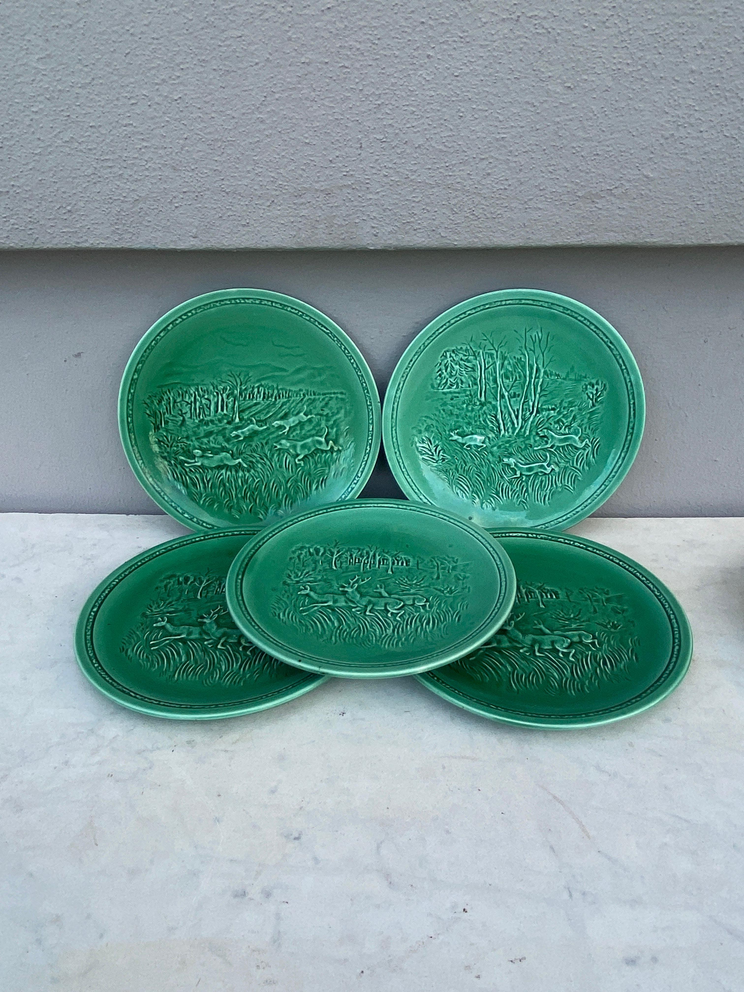 Ceramic French Green Majolica Deers Plate Sarreguemines, circa 1920 For Sale