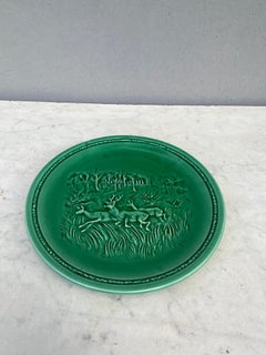 French Green Majolica Deers Plate Sarreguemines, circa 1920