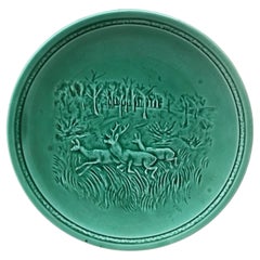 French Green Majolica Deers Plate Sarreguemines, circa 1920
