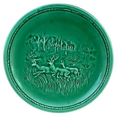 French Green Majolica Deers Plate Sarreguemines, circa 1920