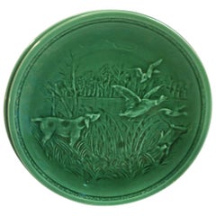 Antique French Green Majolica Ducks and Hunting Dog Plate Sarreguemines, circa 1920