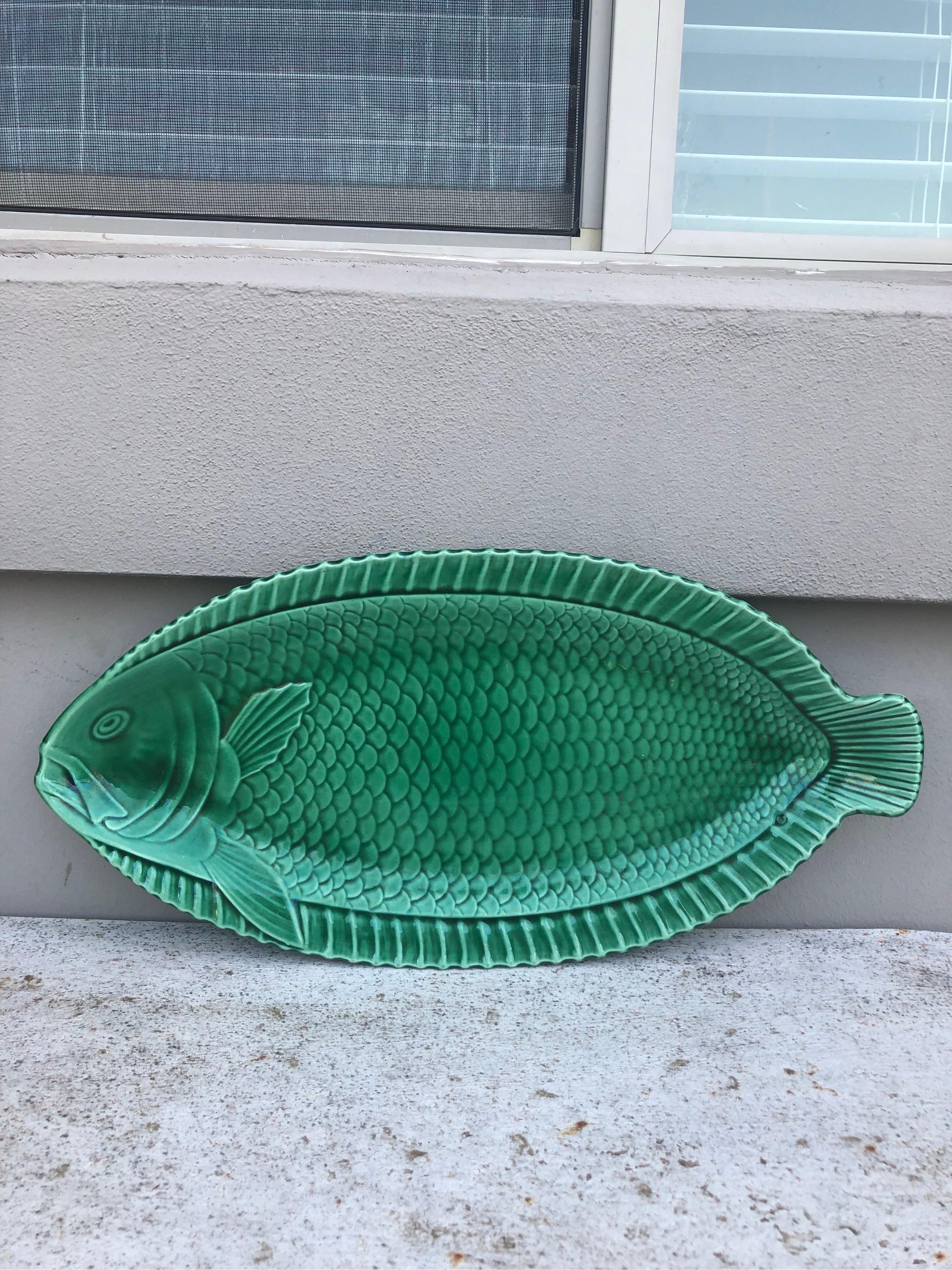 Large French Green Majolica fish platter signed Sarreguemines Circa 1930.
Measure: 21 inches Length.