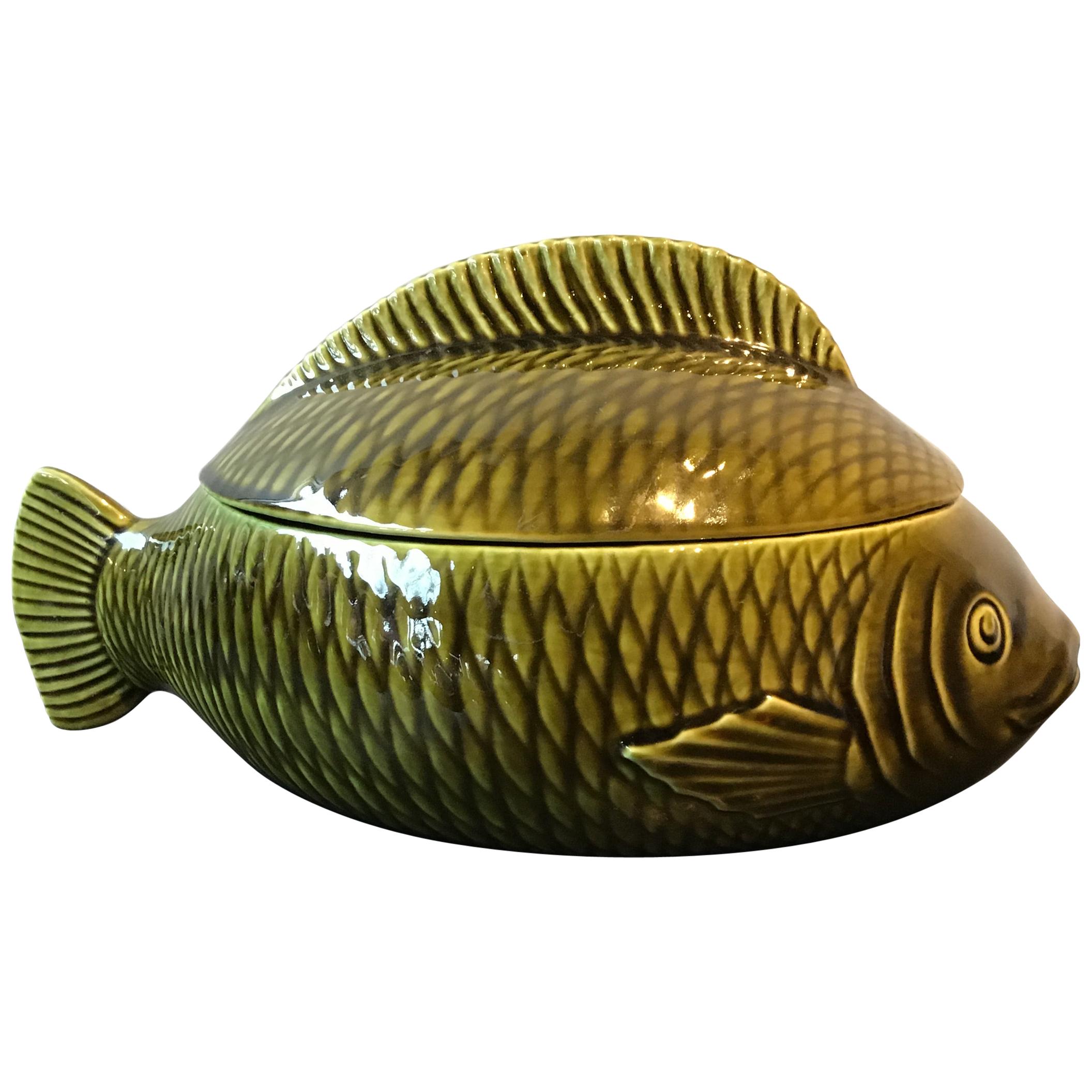 French Green Majolica Fish Tureen by Sarreguemines