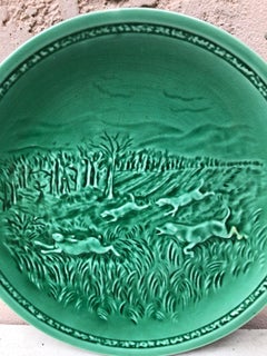 French Green Majolica Hare and Hunting Dog Plate Sarreguemines, circa 1920