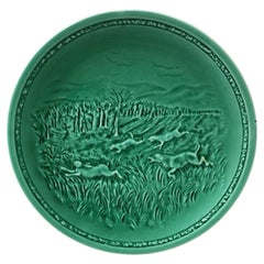 French Green Majolica Hare and Hunting Dog Plate Sarreguemines, circa 1920
