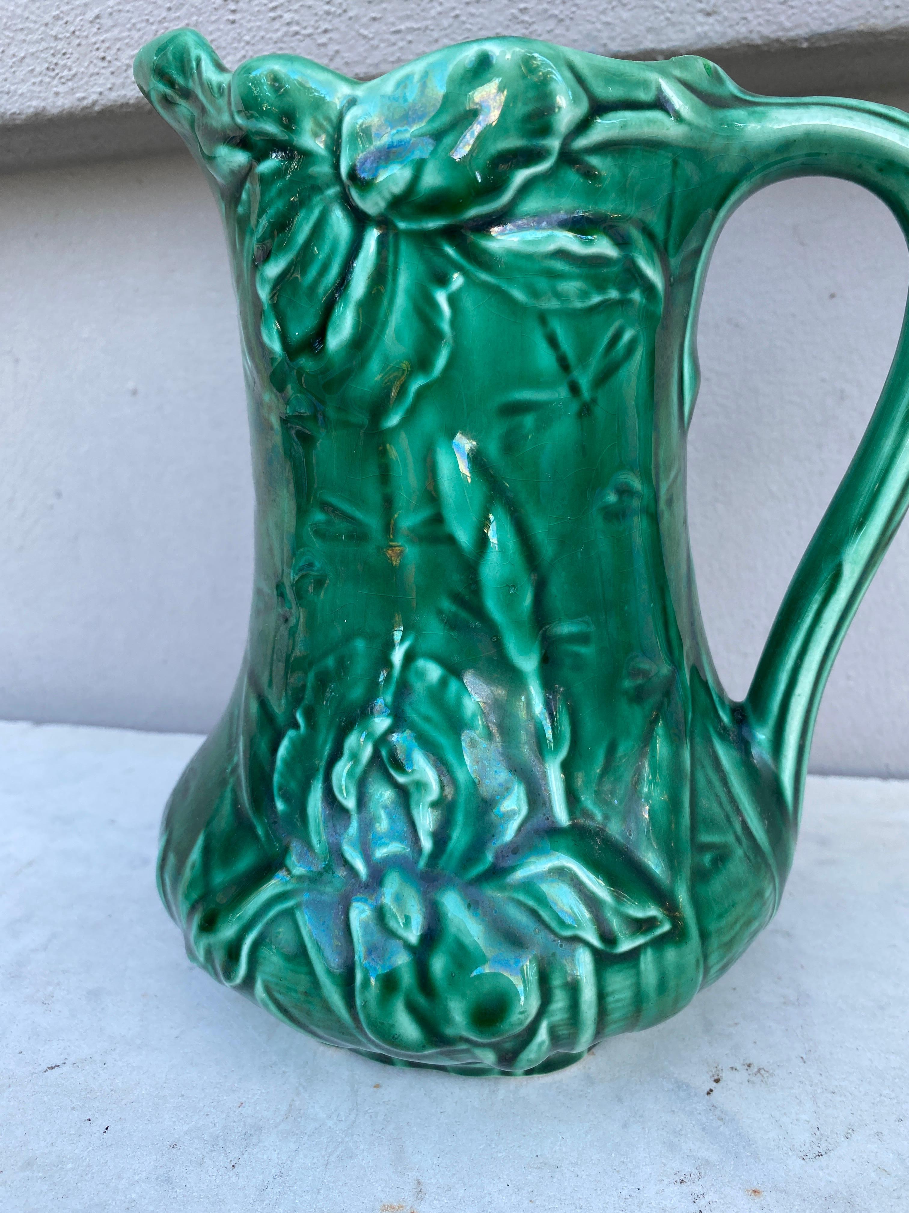 Early 20th Century French Green Majolica Iris Pitcher circa 1900 For Sale