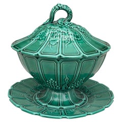 French Green Majolica Leaf Butter Pat Clairefontaine circa 1890