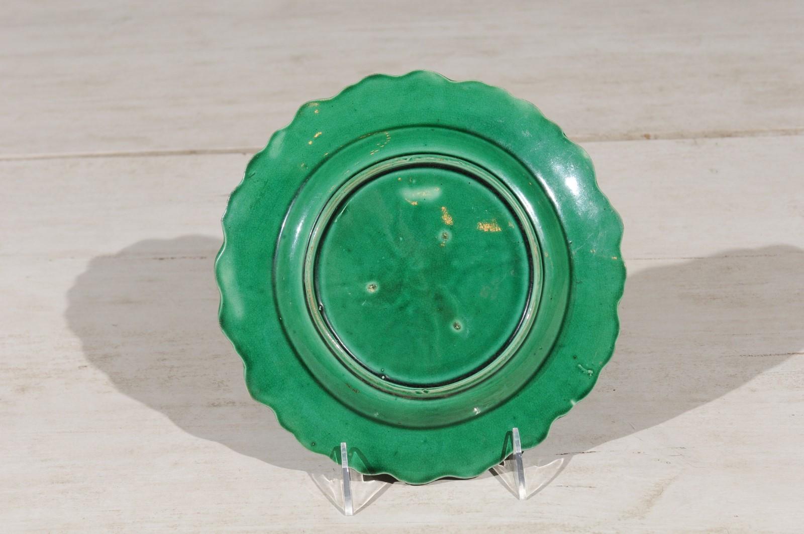 French Green Majolica Leaf Plate with Scalloped Edge from the Late 19th Century 3