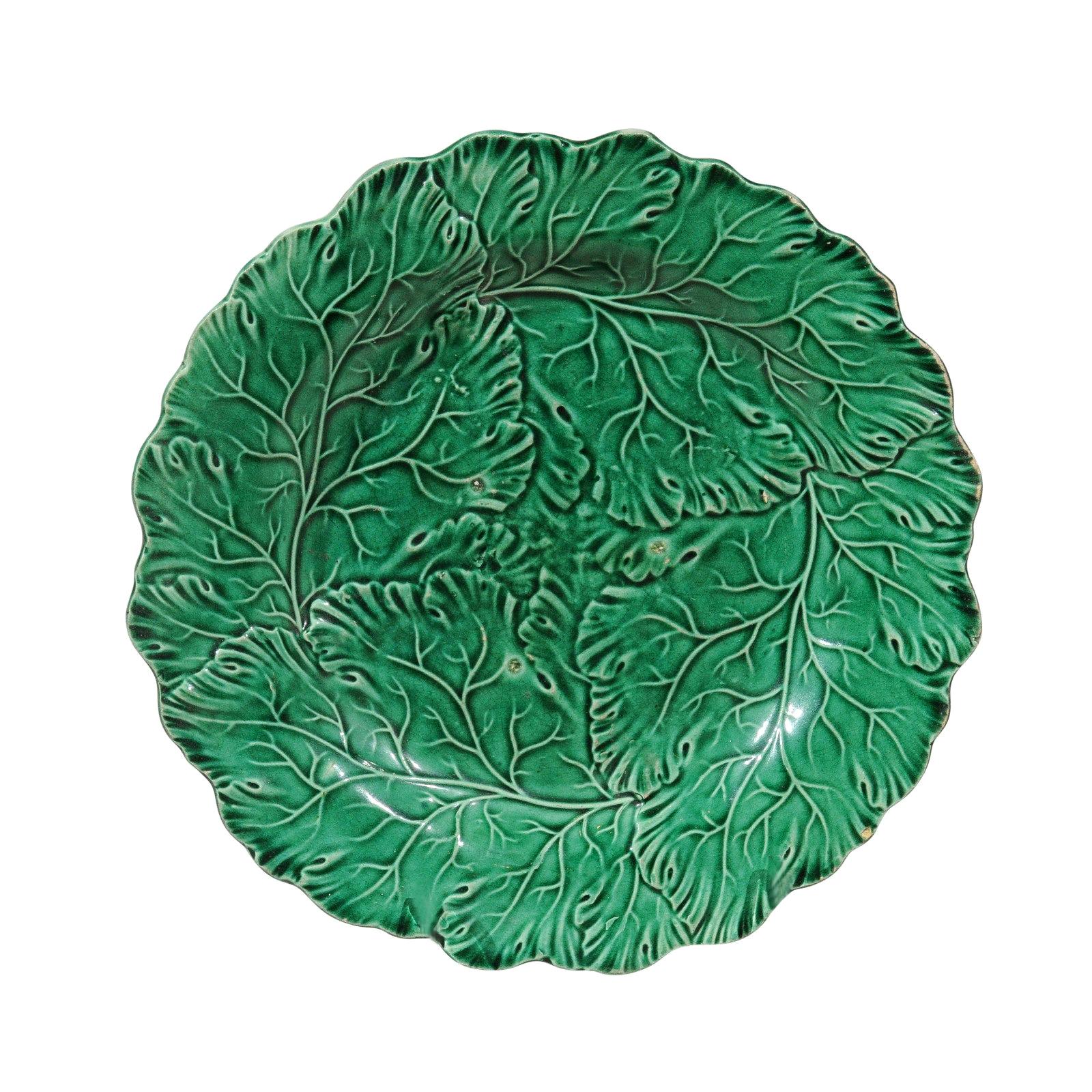 French Green Majolica Leaf Plate with Scalloped Edge from the Late 19th Century