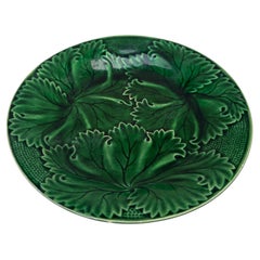 French Green Majolica Leaves Plate Clairefontaine , Circa 1890