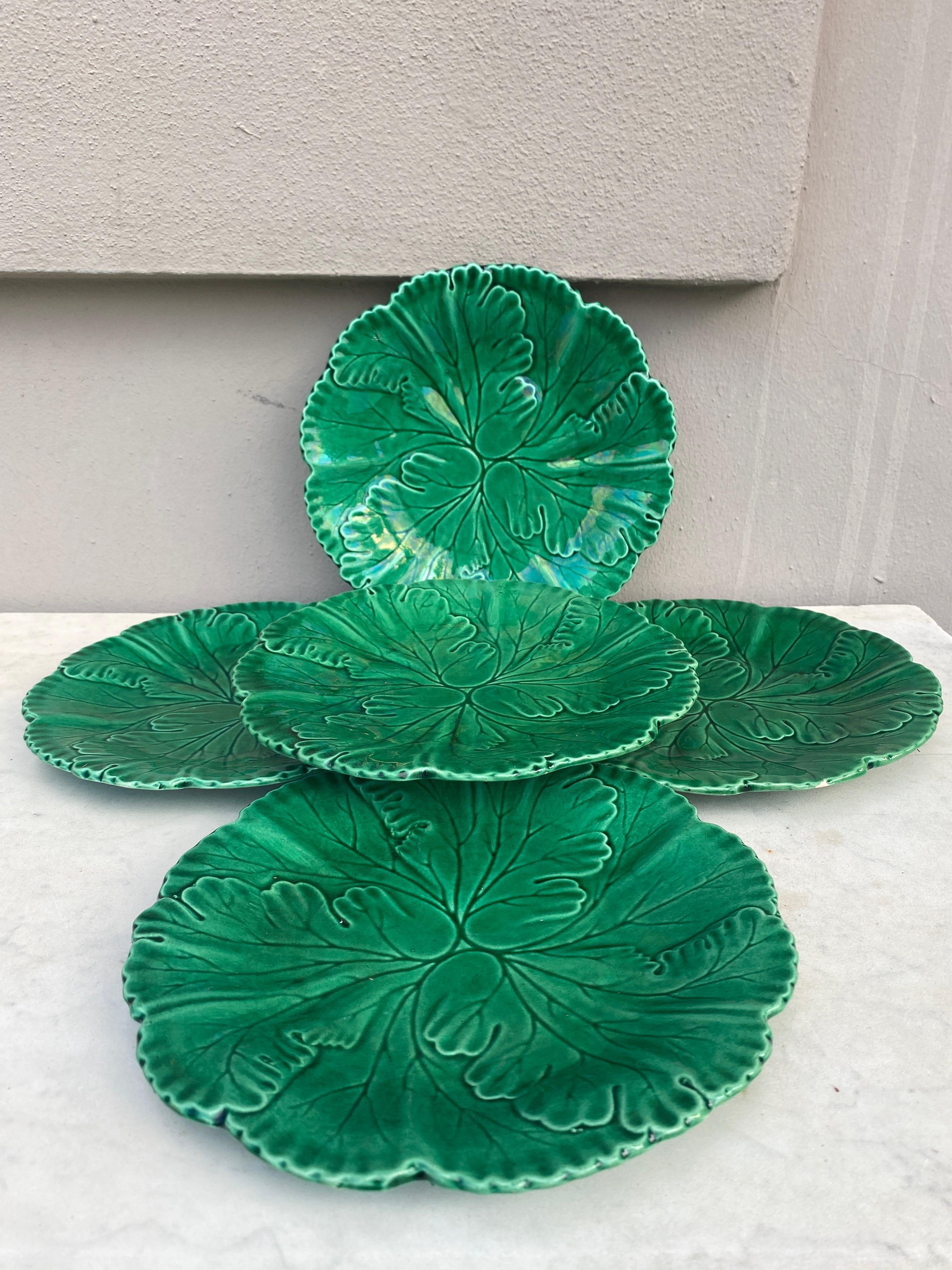 Rustic French Green Majolica Leaves Plate Clairefontaine, circa 1890 For Sale