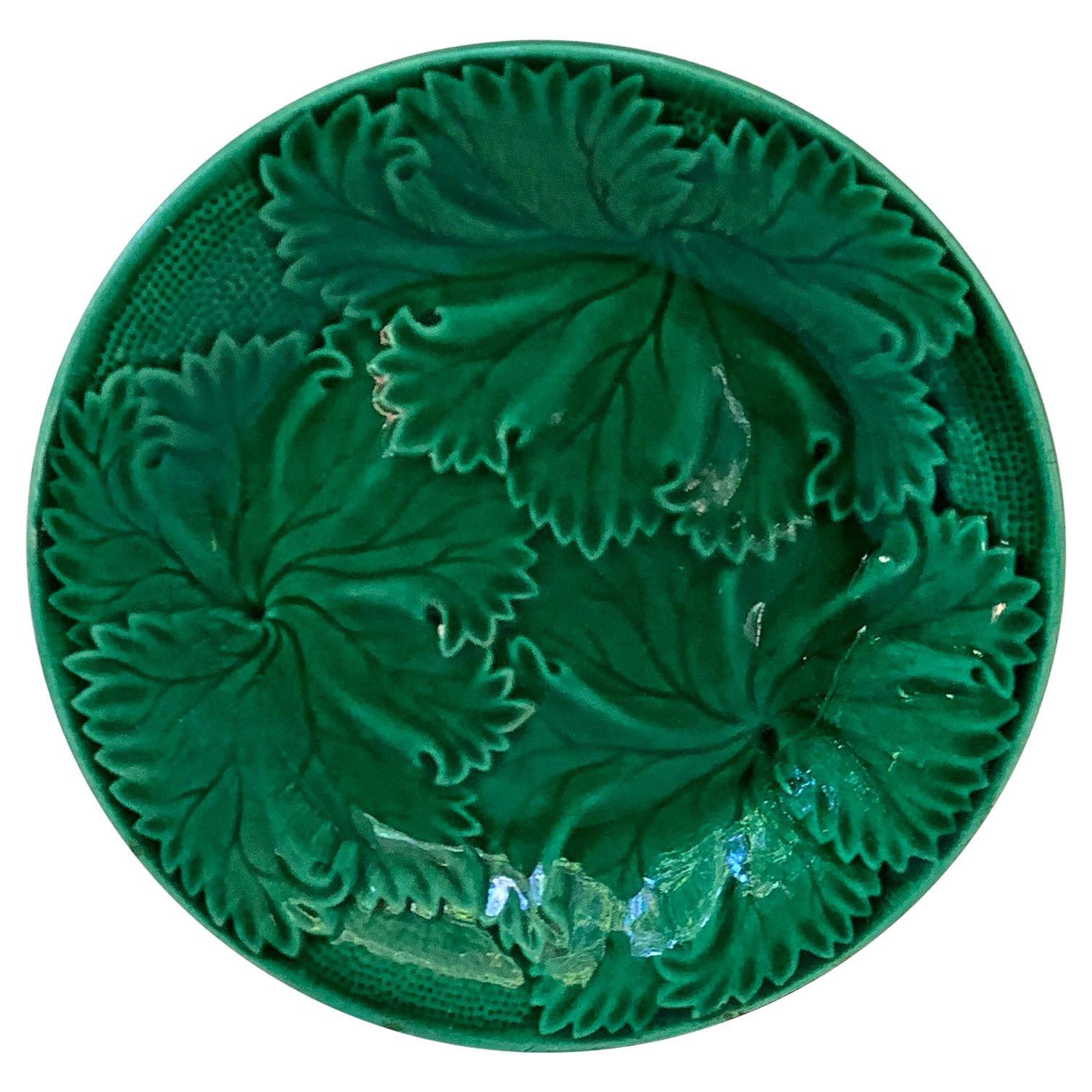 French Green Majolica Leaves Plate Clairefontaine, circa 1890