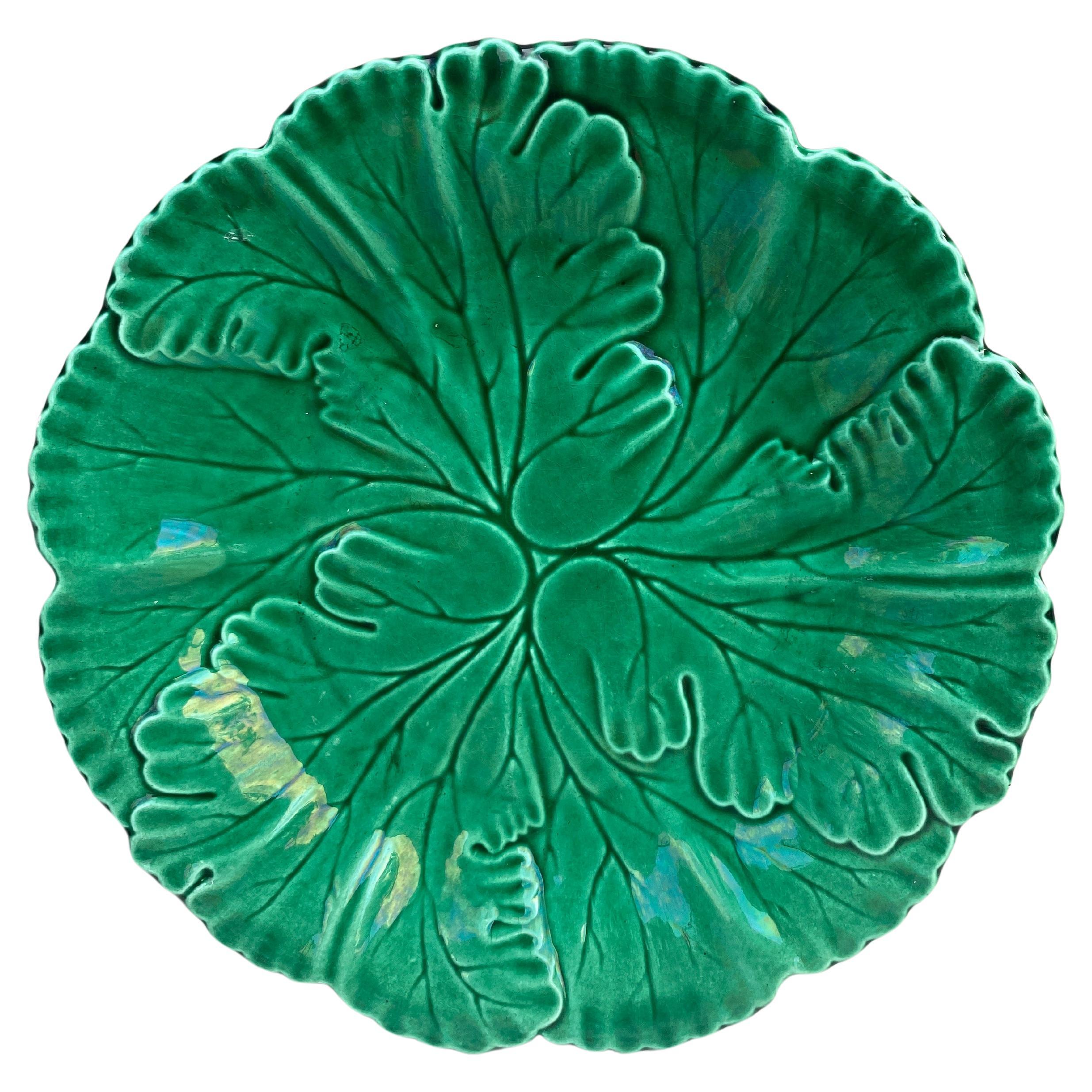 French Green Majolica Leaves Plate Clairefontaine, circa 1890 For Sale