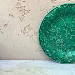 French Green Majolica Leaves Plate Montereau, circa 1890