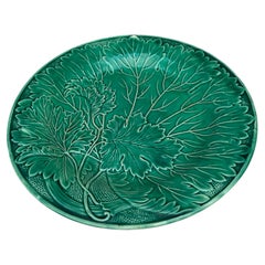 French Green Majolica Leaves Plate Montereau, circa 1890