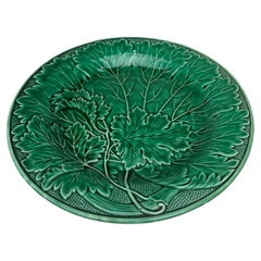 French Green Majolica Leaves Plate Montereau, circa 1890