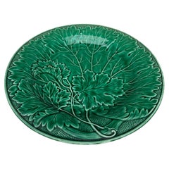 French Green Majolica Leaves Plate Montereau, circa 1890