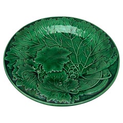 French Green Majolica Leaves Plate Montereau, circa 1890