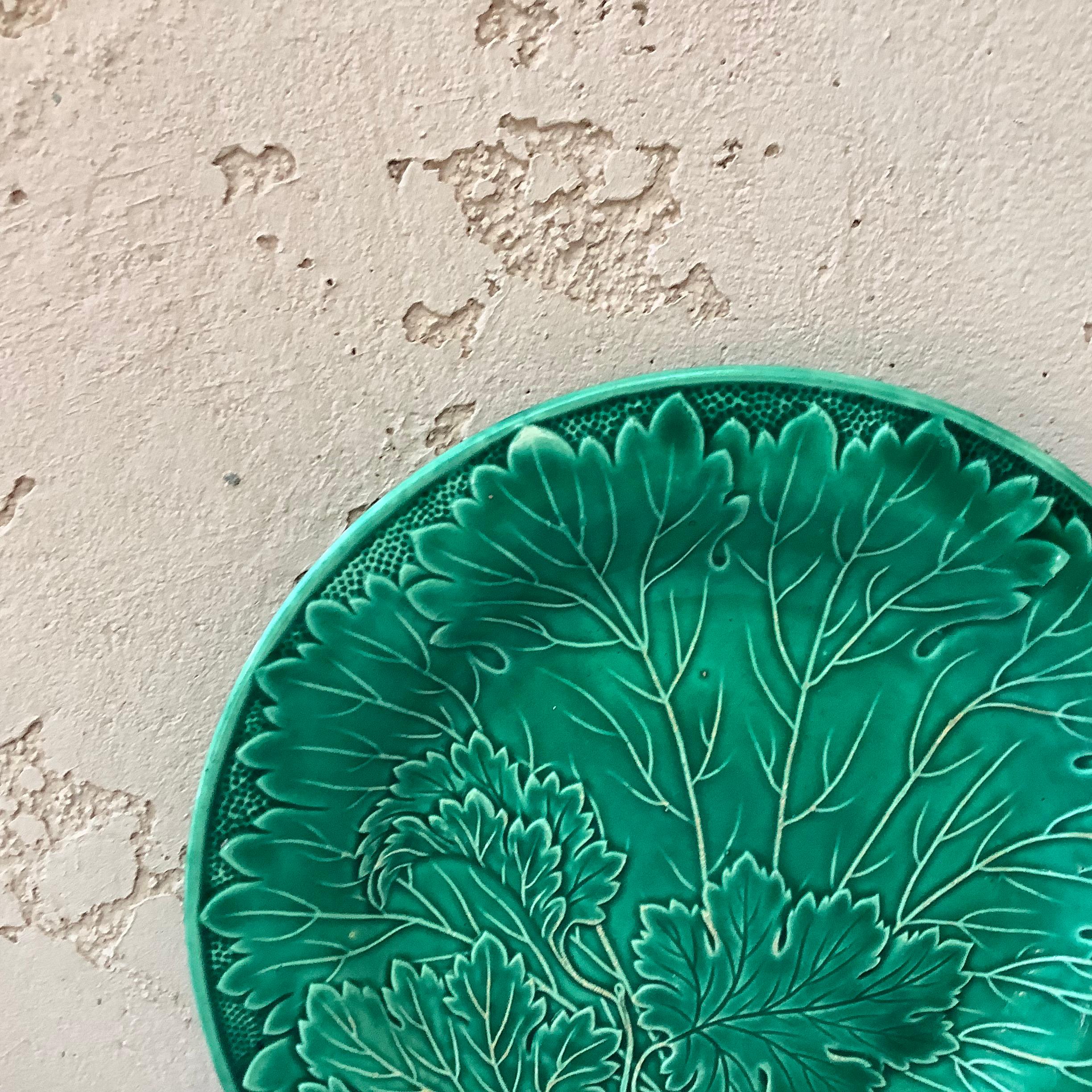 Country French Green Majolica Leaves Plate Montereau, circa 1890 For Sale