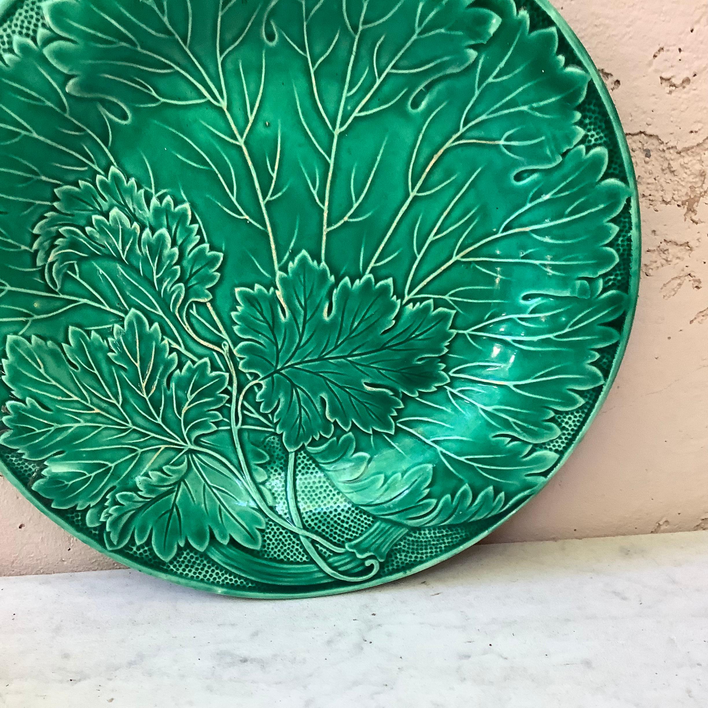 Ceramic French Green Majolica Leaves Plate Montereau, circa 1890 For Sale