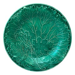 French Green Majolica Leaves Plate Montereau, circa 1890