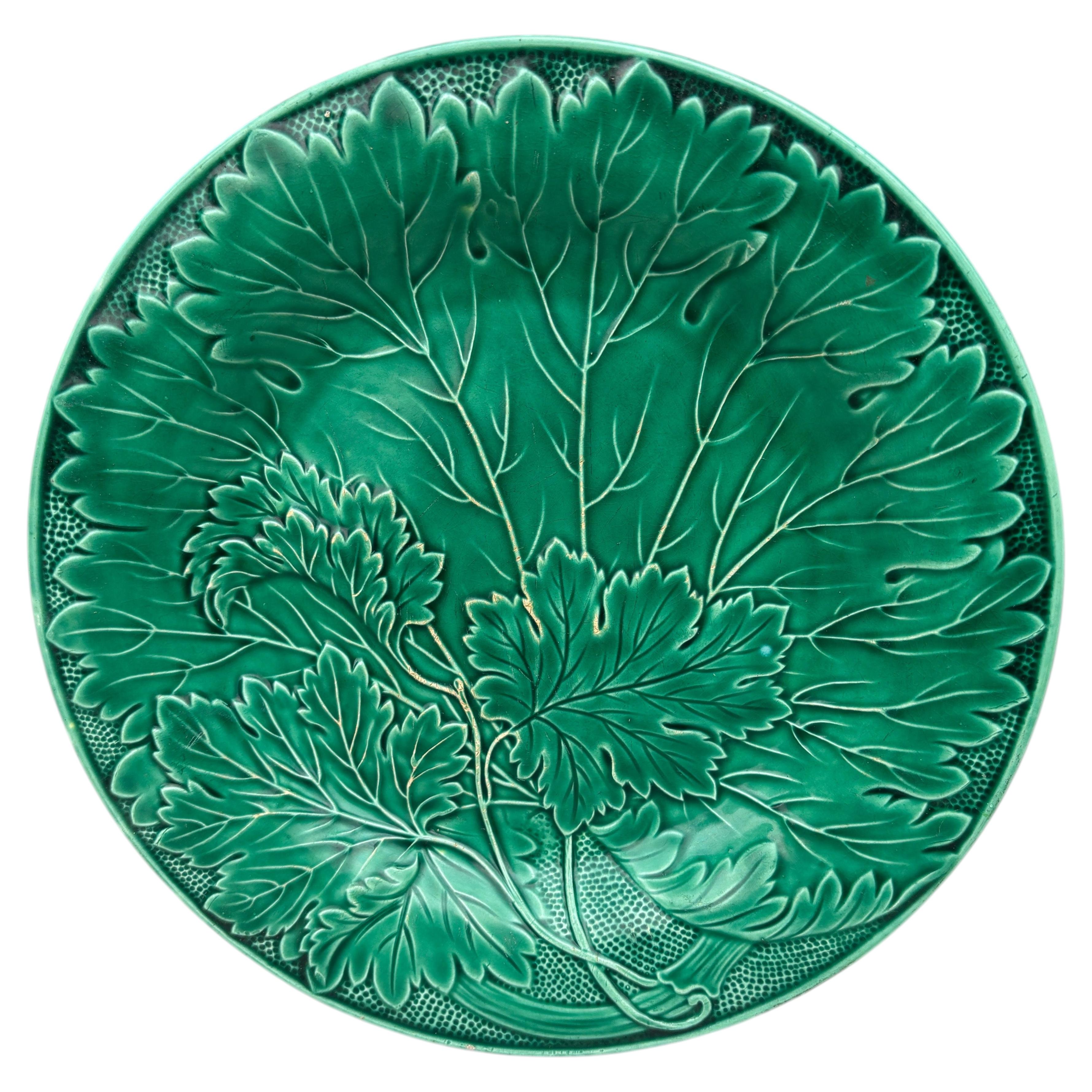 French Green Majolica Leaves Plate Montereau, circa 1890