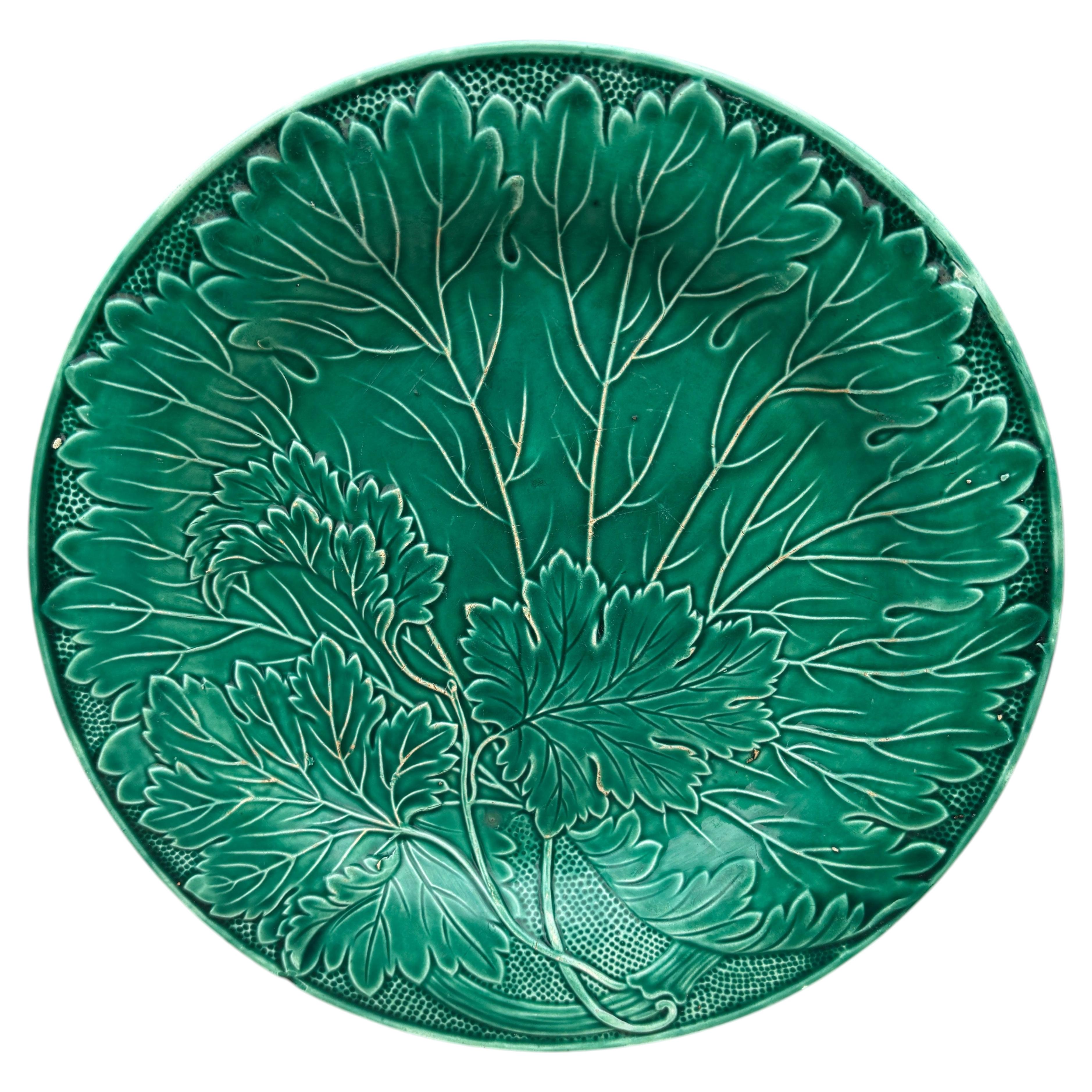 French Green Majolica Leaves Plate Montereau, circa 1890 For Sale