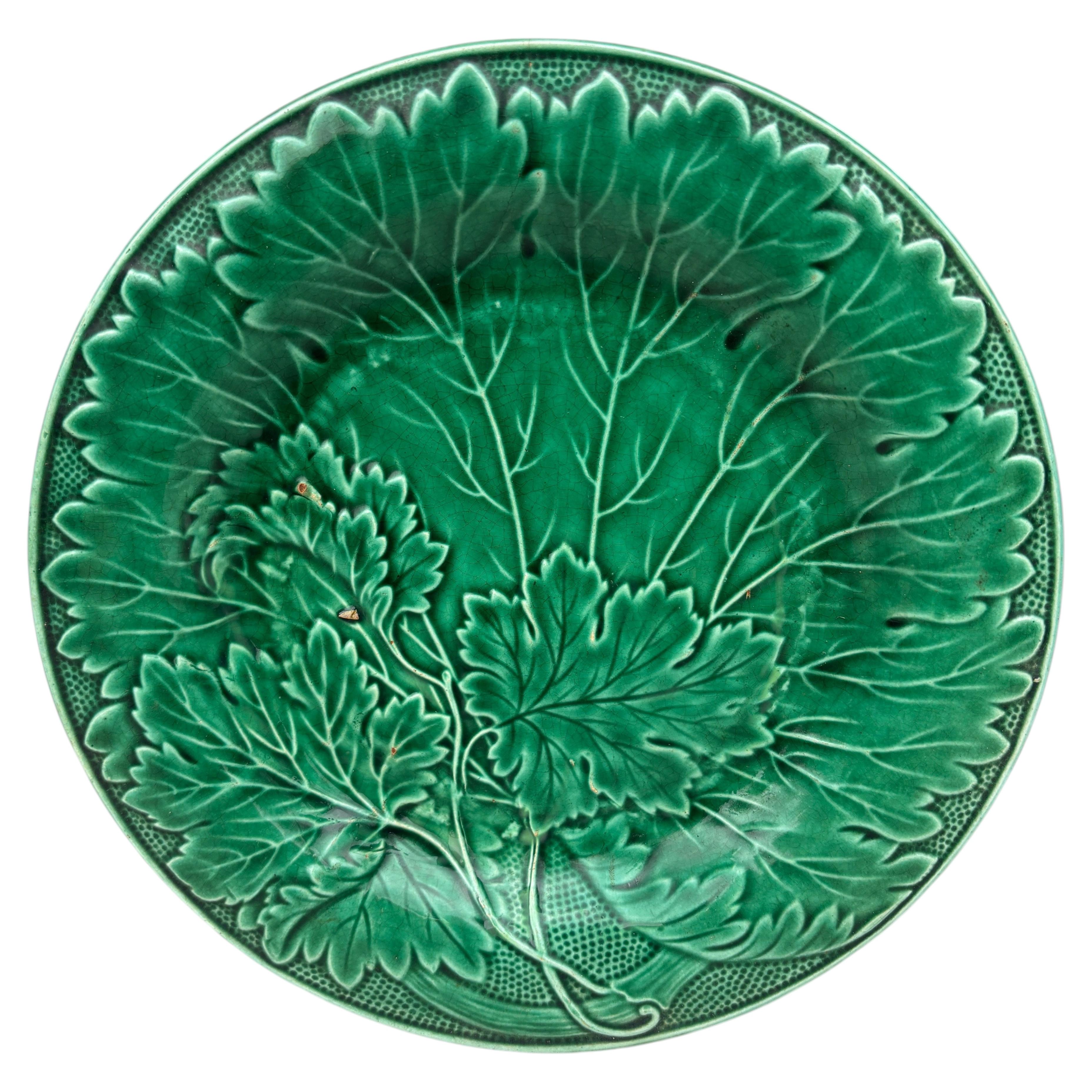 French Green Majolica Leaves Plate Montereau, circa 1890
